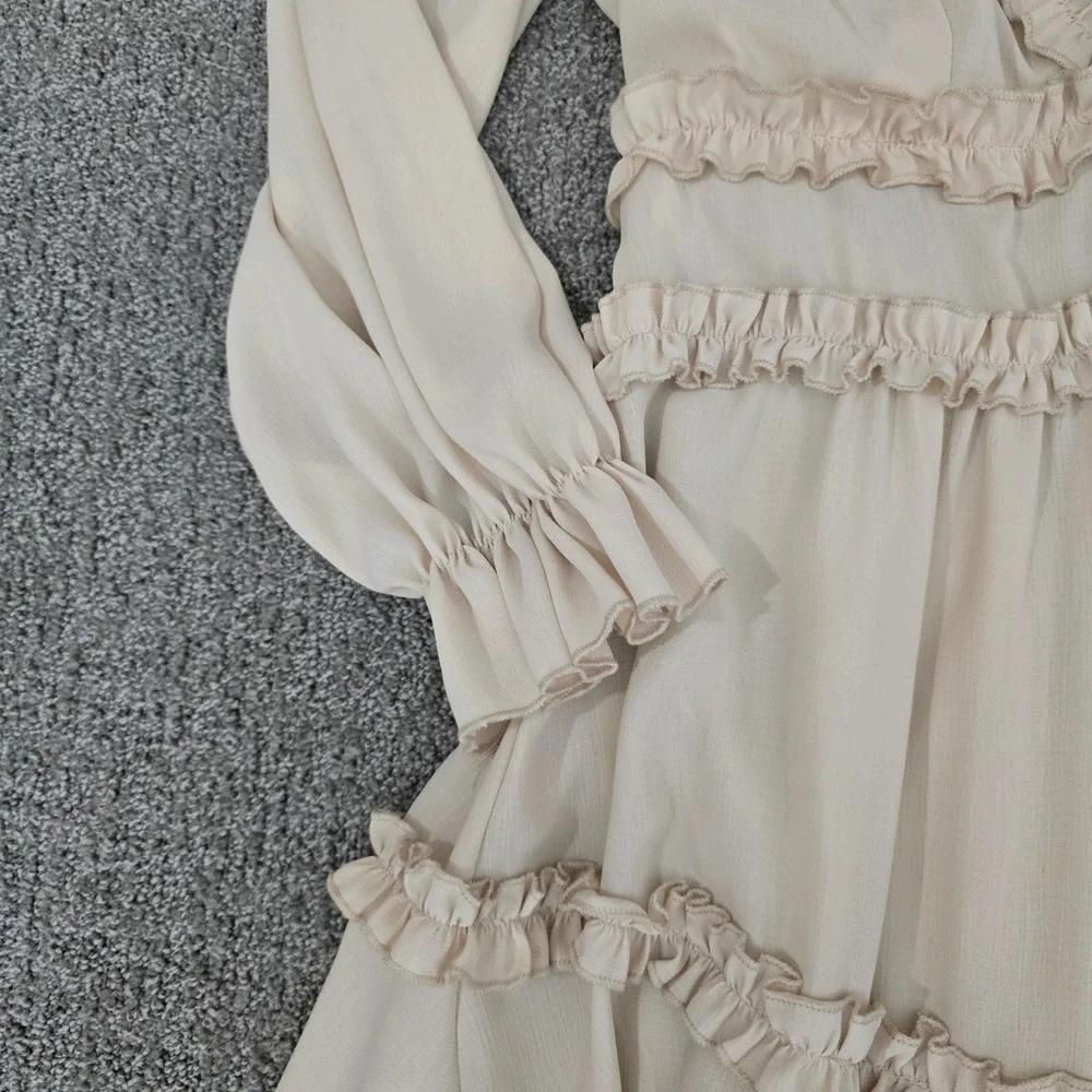 Cream Ruffle Tiered Mini Dress Open Back Coquette Romantic Boho Size M - Picture 3 of 8